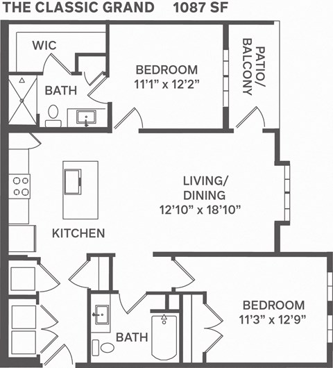 Floor plan for 2 beds, 2 baths, 1087 sqft